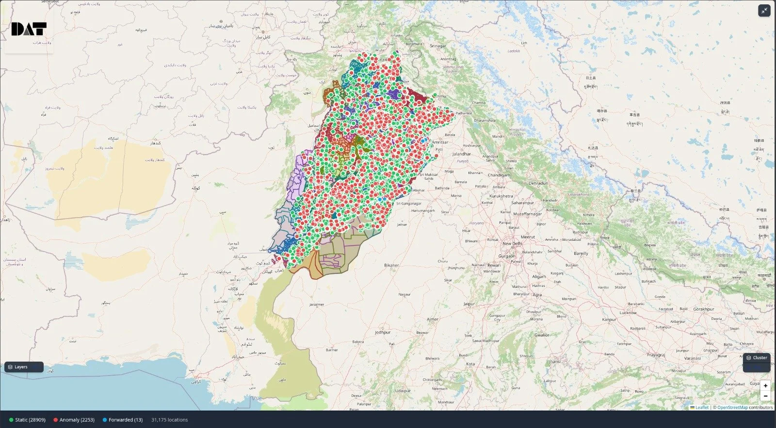 Live field map showing 31,175 tracked locations across Punjab
