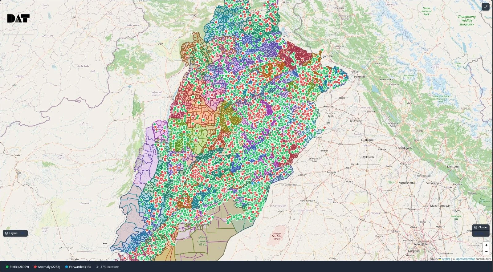 Static and anomaly location markers across the province